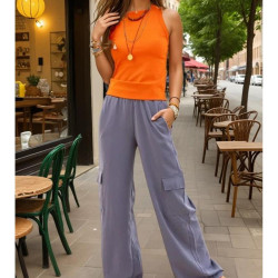 Pasaklı Giyim Kadın Kaliteli Yumuşak Kupra Kumaş Cepli Beli Lastikli Bol Paça Kargo Pantolon Gri 3600308