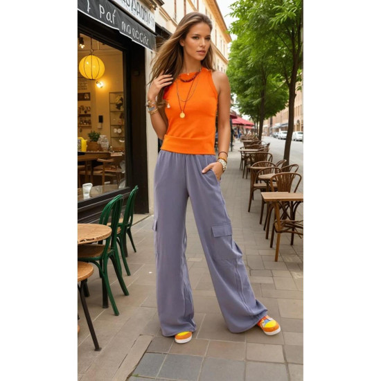 Pasaklı Giyim Kadın Kaliteli Yumuşak Kupra Kumaş Cepli Beli Lastikli Bol Paça Kargo Pantolon Gri