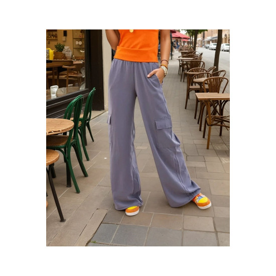 Pasaklı Giyim Kadın Kaliteli Yumuşak Kupra Kumaş Cepli Beli Lastikli Bol Paça Kargo Pantolon Gri