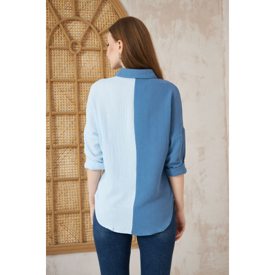Pasaklı Giyim Kadın Müslin %100 Pamuk Salaş Gömlek Mavi-Beyaz