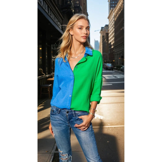 Pasaklı Giyim Kadın Müslin %100 Pamuk Salaş Gömlek Mavi-Yeşil