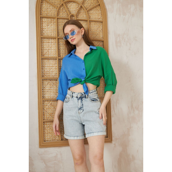 Pasaklı Giyim Kadın Müslin %100 Pamuk Salaş Gömlek Mavi-Yeşil