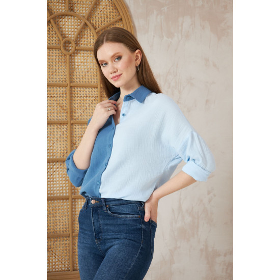 Pasaklı Giyim Kadın Müslin %100 Pamuk Salaş Gömlek Mavi-Beyaz
