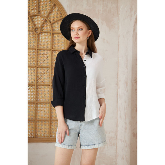 Pasaklı Giyim Kadın Müslin %100 Pamuk Salaş Gömlek Siyah Beyaz