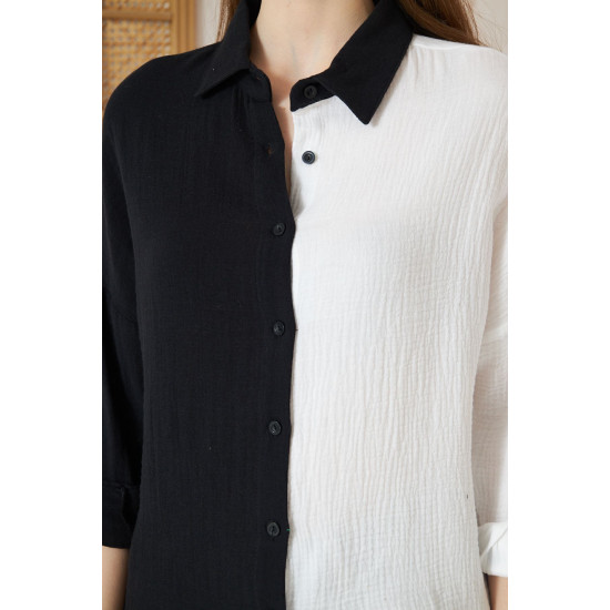 Pasaklı Giyim Kadın Müslin %100 Pamuk Salaş Gömlek Siyah Beyaz