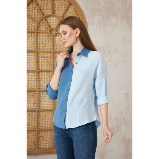 Pasaklı Giyim Kadın Müslin %100 Pamuk Salaş Gömlek Mavi-Beyaz