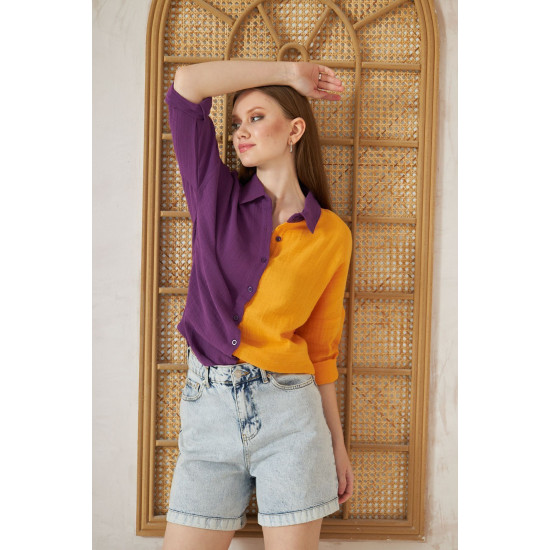 Pasaklı Giyim Kadın Müslin %100 Pamuk Salaş Gömlek Mor-Turuncu