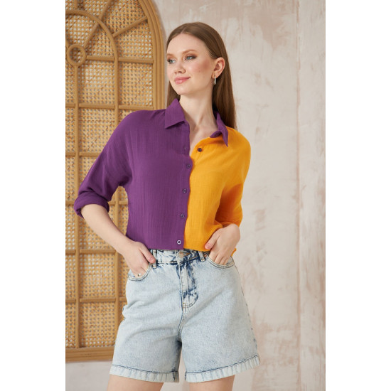 Pasaklı Giyim Kadın Müslin %100 Pamuk Salaş Gömlek Mor-Turuncu