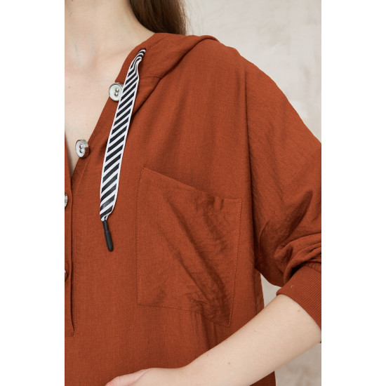 Pasaklı Giyim Kadın Sırtı Baskılı Kapüşonlu Elbise Kiremit