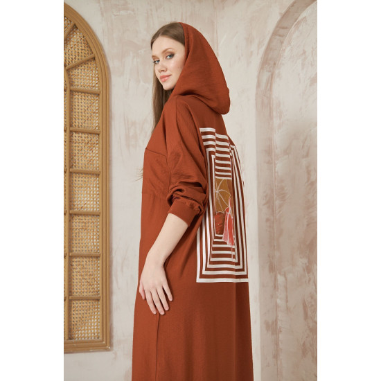 Pasaklı Giyim Kadın Sırtı Baskılı Kapüşonlu Elbise Kiremit