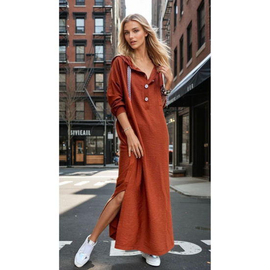 Pasaklı Giyim Kadın Sırtı Baskılı Kapüşonlu Elbise Kiremit