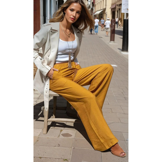 Pasaklı Giyim Kadın Keten Dokulu Pantolon Hardal