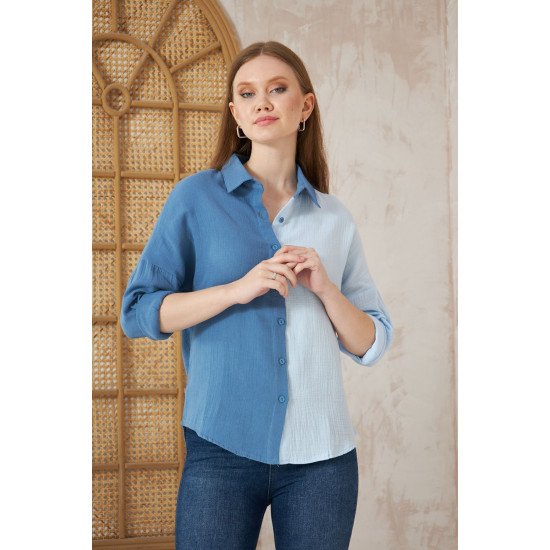 Pasaklı Giyim Kadın Müslin %100 Pamuk Salaş Gömlek Mavi-Beyaz