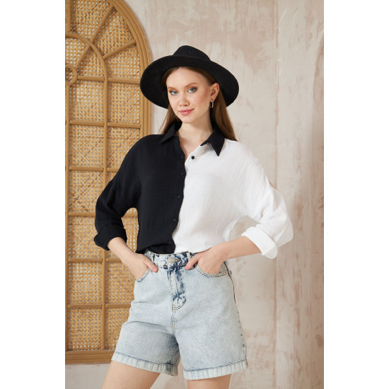 Pasaklı Giyim Kadın Müslin %100 Pamuk Salaş Gömlek Siyah Beyaz