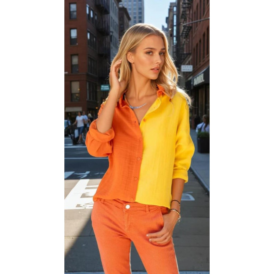 Pasaklı Giyim Kadın Müslin %100 Pamuk Salaş Gömlek Turuncu-Sarı