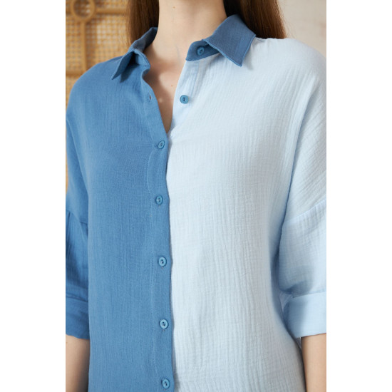 Pasaklı Giyim Kadın Müslin %100 Pamuk Salaş Gömlek Mavi-Beyaz