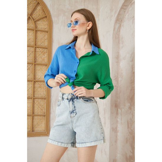 Pasaklı Giyim Kadın Müslin %100 Pamuk Salaş Gömlek Mavi-Yeşil