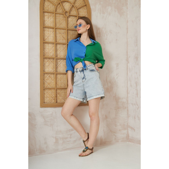 Pasaklı Giyim Kadın Müslin %100 Pamuk Salaş Gömlek Mavi-Yeşil