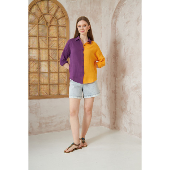 Pasaklı Giyim Kadın Müslin %100 Pamuk Salaş Gömlek Mor-Turuncu