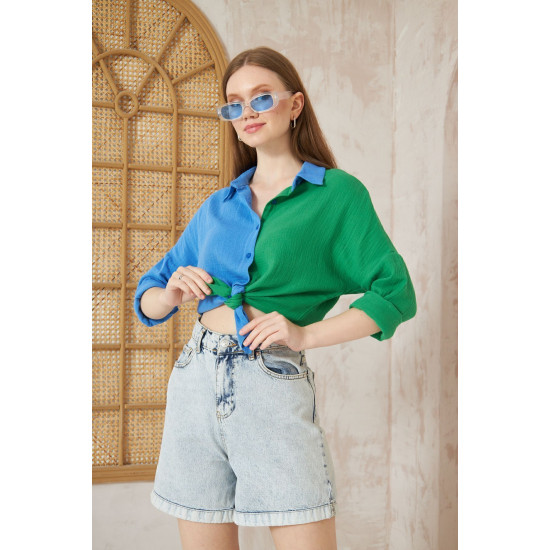 Pasaklı Giyim Kadın Müslin %100 Pamuk Salaş Gömlek Mavi-Yeşil