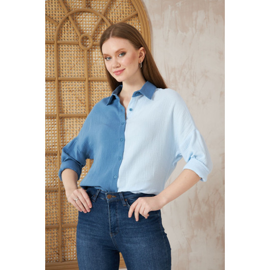Pasaklı Giyim Kadın Müslin %100 Pamuk Salaş Gömlek Mavi-Beyaz
