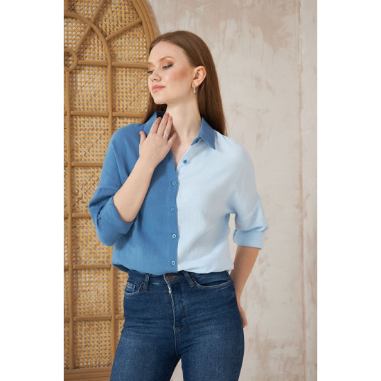 Pasaklı Giyim Kadın Müslin %100 Pamuk Salaş Gömlek Mavi-Beyaz