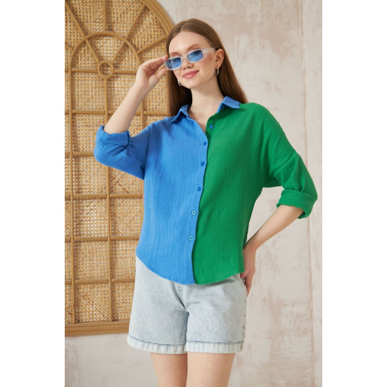 Pasaklı Giyim Kadın Müslin %100 Pamuk Salaş Gömlek Mavi-Yeşil