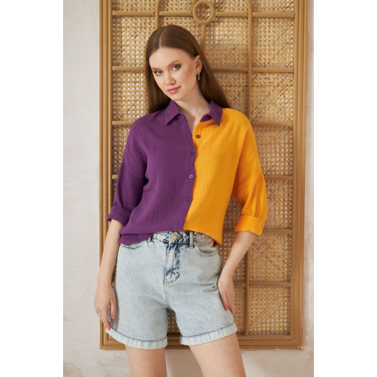 Pasaklı Giyim Kadın Müslin %100 Pamuk Salaş Gömlek Mor-Turuncu
