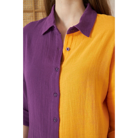 Pasaklı Giyim Kadın Müslin %100 Pamuk Salaş Gömlek Mor-Turuncu