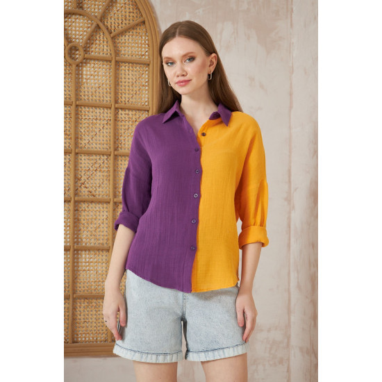 Pasaklı Giyim Kadın Müslin %100 Pamuk Salaş Gömlek Mor-Turuncu