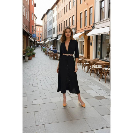 Pasaklı Giyim Kadın %100 Viskon Tam Boy Gömlek Elbise -1490363 Siyah