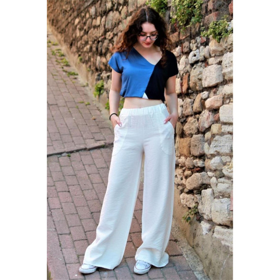 Pasaklı Giyim Kadın Keten Dokulu Pantolon Beyaz