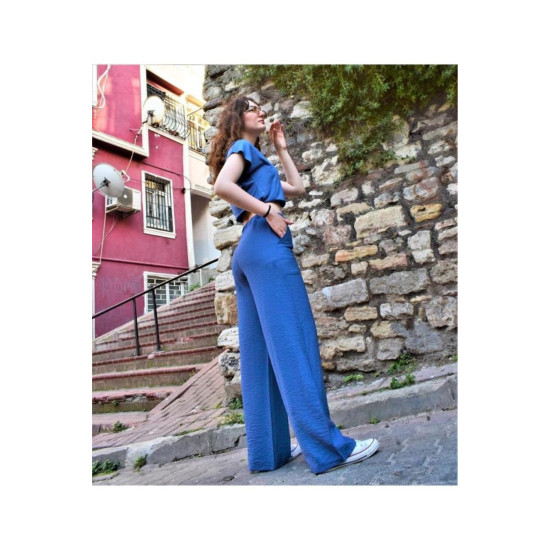 Pasaklı Giyim Kadın Keten Dokulu Pantolon İndigo