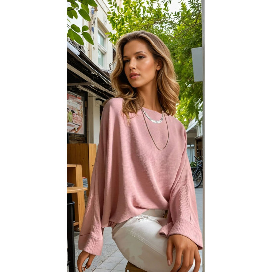 Pasaklı Giyim Kadın Yarasa Duble Kol Ekstra Oversize Bluz Pudra