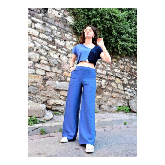 Pasaklı Giyim Kadın Keten Dokulu Pantolon İndigo
