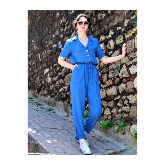 Pasaklı Giyim Kadın Beli Büzgülü Tulum İndigo