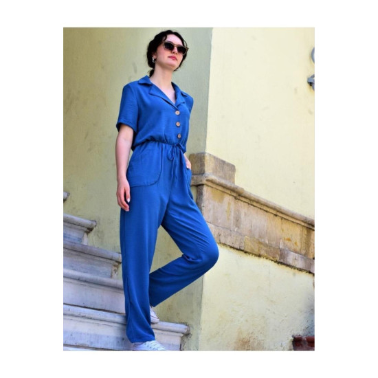 Pasaklı Giyim Kadın Beli Büzgülü Tulum İndigo