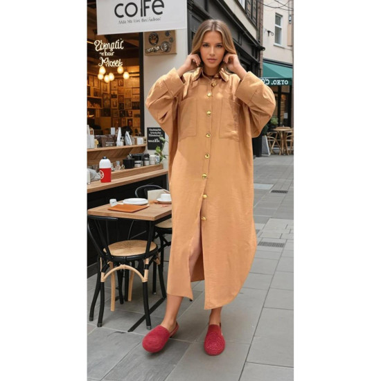 Pasaklı Giyim Kadın Oversize Yarasa Kol Tesettüre Uygun Gömlek Elbise-Tesettür Tunik Bej