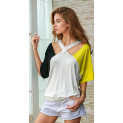 Pasaklı Giyim Kadın Dekolte T-Shirt 3265210 Sarı-Beyaz