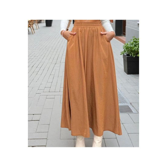 Pasaklı Giyim Kadın Beli Lastikli A Kesim Salaş Uzun Yüksek Bel Kupra Etek Taba