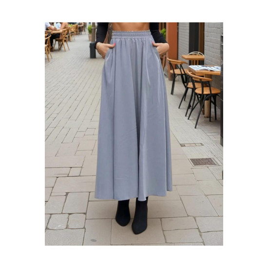 Pasaklı Giyim Kadın Beli Lastikli A Kesim Salaş Uzun Yüksek Bel Kupra Etek Gri