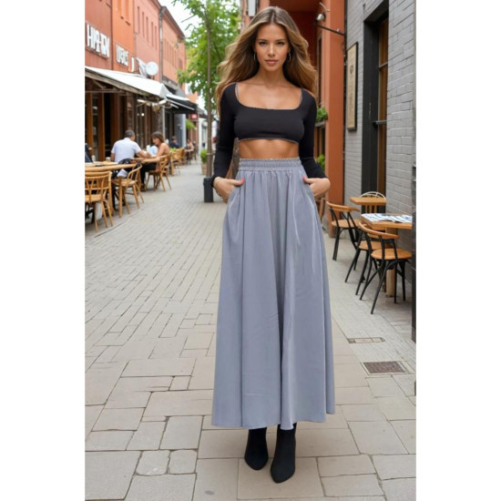 Pasaklı Giyim Kadın Beli Lastikli A Kesim Salaş Uzun Yüksek Bel Kupra Etek Gri