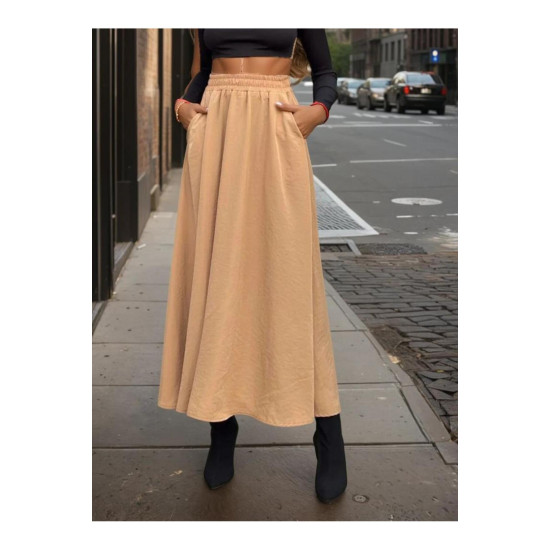 Pasaklı Giyim Kadın Beli Lastikli A Kesim Salaş Uzun Yüksek Bel Kupra Etek Karamel