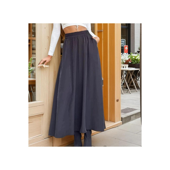 Pasaklı Giyim Kadın Beli Lastikli A Kesim Salaş Uzun Yüksek Bel Kupra Etek Siyah