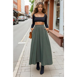 Pasaklı Giyim Kadın Beli Lastikli A Kesim Salaş Uzun Yüksek Bel Kupra Etek 3676308 Haki