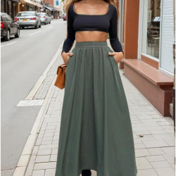 Pasaklı Giyim Kadın Beli Lastikli A Kesim Salaş Uzun Yüksek Bel Kupra Etek 3676308 Haki