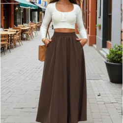 Pasaklı Giyim Kadın Beli Lastikli A Kesim Salaş Uzun Yüksek Bel Kupra Etek 3676308 Kahverengi