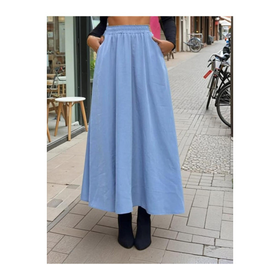 Pasaklı Giyim Kadın Beli Lastikli A Kesim Salaş Uzun Yüksek Bel Kupra Etek Mavi