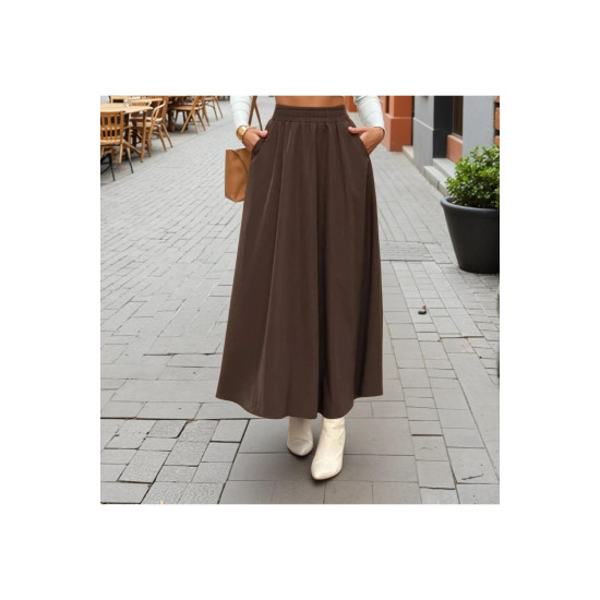 Pasaklı Giyim Kadın Beli Lastikli A Kesim Salaş Uzun Yüksek Bel Kupra Etek Kahverengi