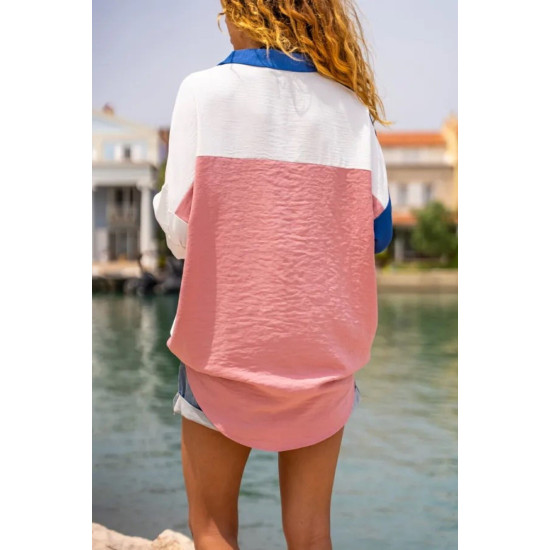 Pasaklı Giyim Kadın İki Renkli Gömlek İndigo-Pudra